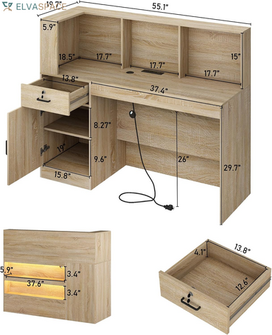 55" Reception Desk with LED Lights Power Outlets,L-Shaped Modern Front Table Reception Room Table with Cable Grommet,Lockable Drawers,Retail Checkout Counter for Lobby,Salon,Home Office Desk,Oak