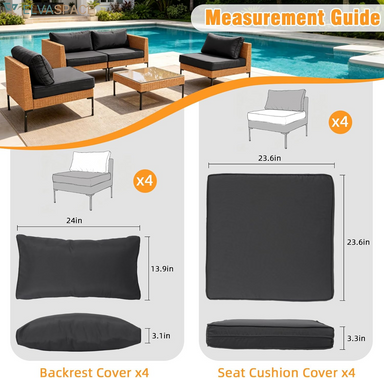8Pcs Patio Cushion Covers with Zipper, Outdoor Couch Covers Replacement, Outdoor Couch & Sofa Slipcovers for Patio Furniture, Washable Reusable Furniture Protector (Black, 23.6×23.6×3.35Inch)