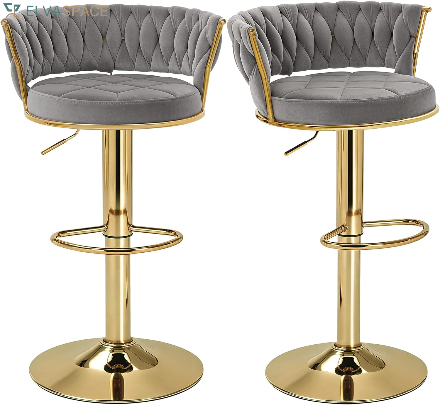 Bar Stools Set of 2, Adjustable Barstools Counter Height Stools with Back and Arm, Velvet Woven Kitchen Island Stools W/Gold Metal Leg & Base, 360° Swivel Bar Chair for Pubs Dining Room, White