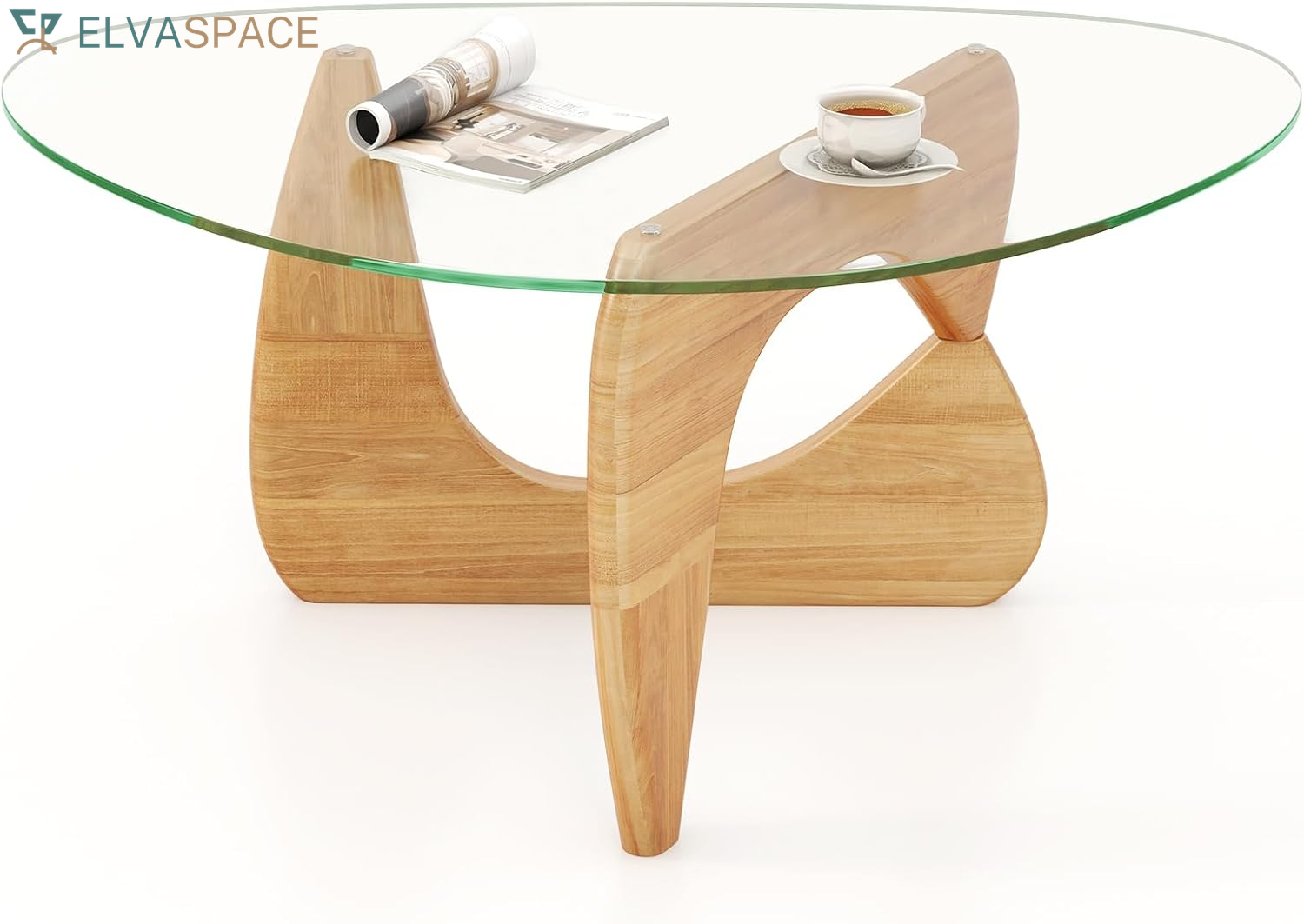 Triangle Glass Coffee Table, Mid-Century Modern Center Table with Tempered Glass Top & Adjustable Rubber Wood Base, Small Coffee Table for Small Spaces, Living Room & Reception Room (Natural)