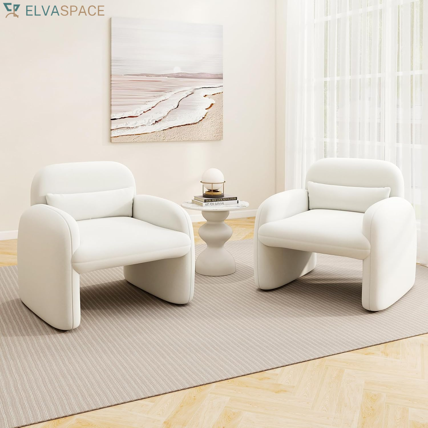 Modern Accent Chair for Living Room, Sherpa Fabric Upholstered Armchair W/Waist Pillow, Comfy Reading Chair W/Armrests, Small Single Sofa for Bedroom, Reception, Apartment, Office, White
