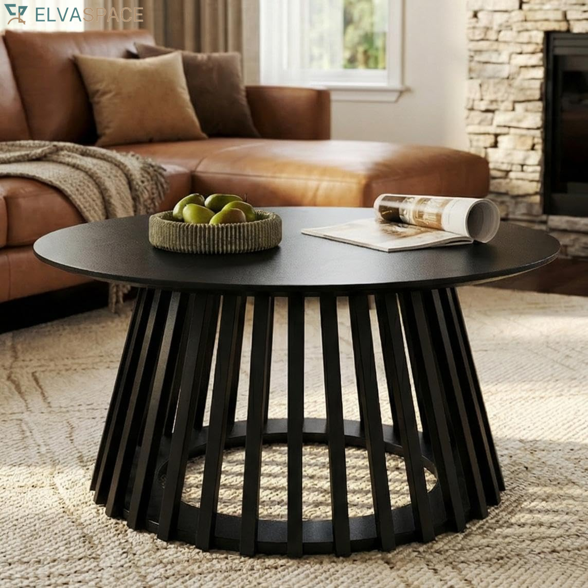 Natural round Coffee Table, Wood 31.5" Center Table for Living Room | Modern Mid Century Circle Coffee Table with Fluted Base for Outdoor Patio, Home Small Space, Bedroom, Apartment, Studio