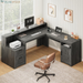 63" Farmhouse L Shaped Executive Desk with Drawers & Storage Shelf, Corner Fluted Computer Desk with Power Outlets, L Shaped Office Desk with Monitor Stand, Printer Shelf