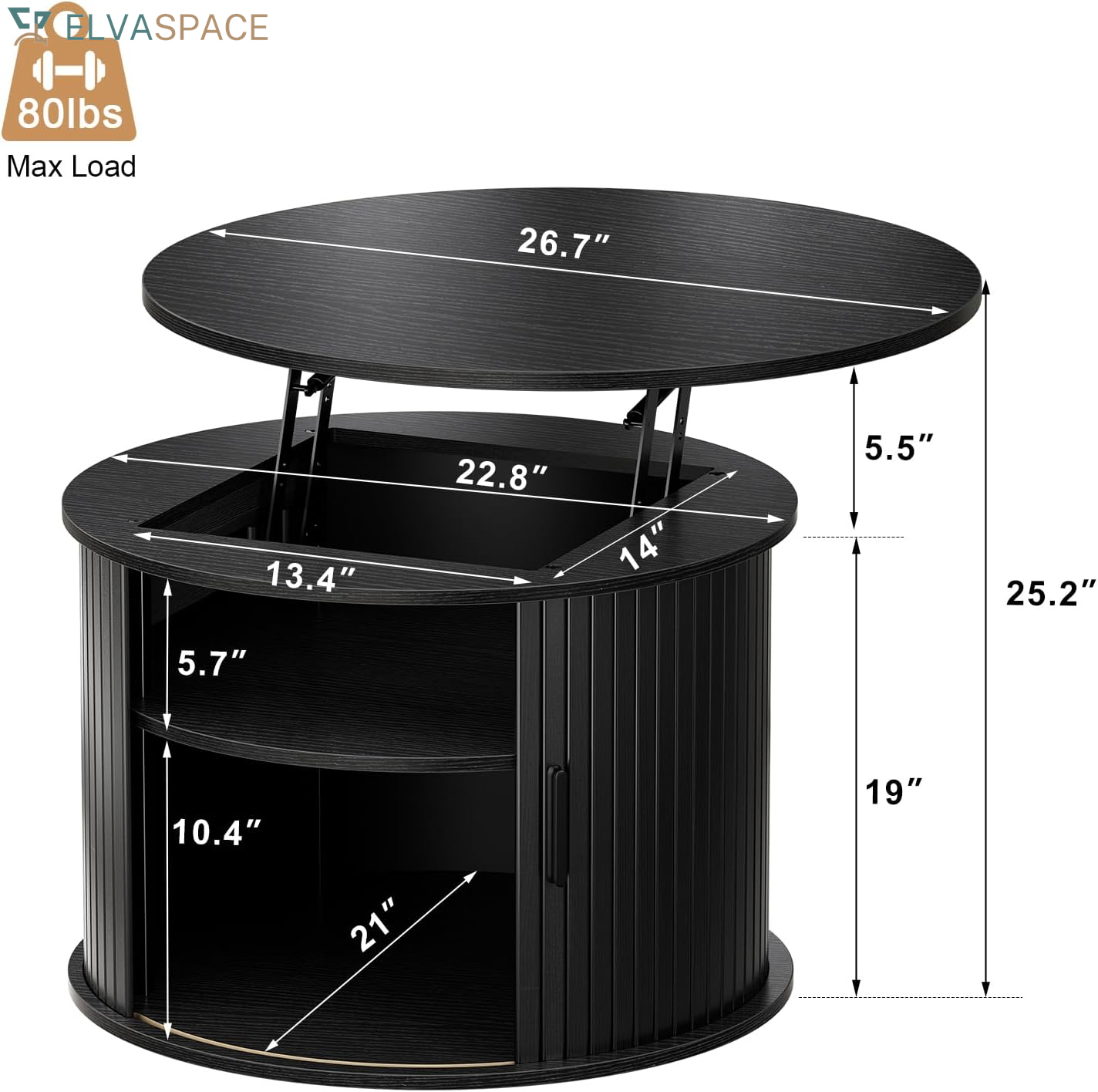 round Lift Top Coffee Table Fluted Drum Table Sliding Door, Black | Small Coffee Table with Fluted Sliding Door, Hidden Storage, Open Shelves, Small Center Table Dining Table for Living Room