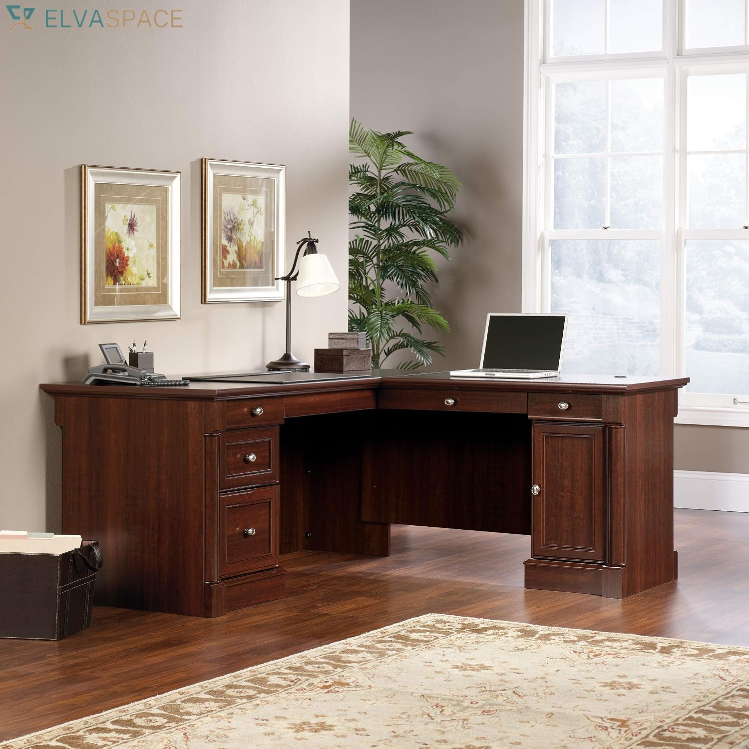 Palladia L Shaped Desk with Drawers, Office Desk with File Cabinet Storage, Cable Management, Keyboard Tray, in Select Cherry Finish