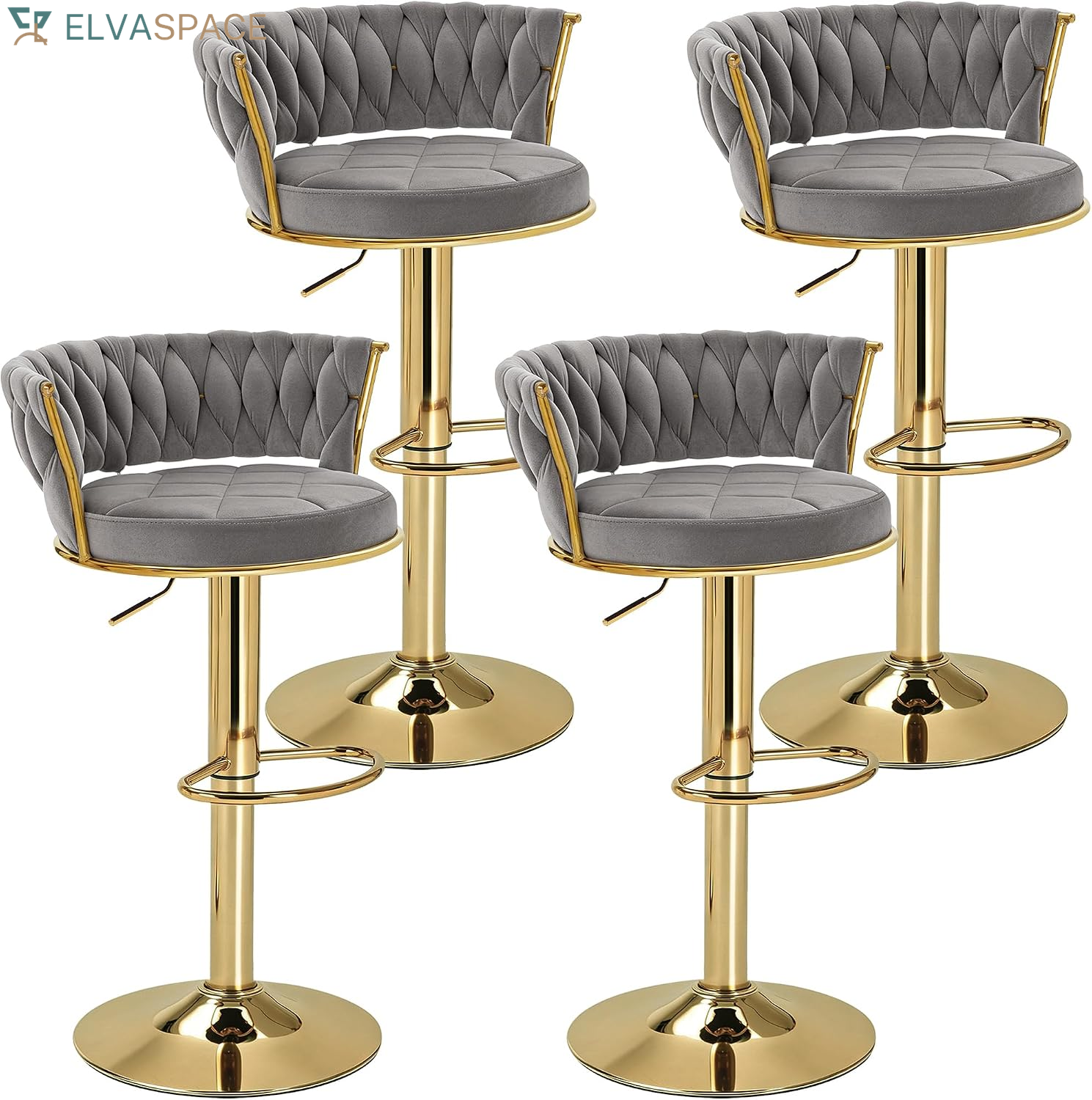 Bar Stools Set of 2, Adjustable Barstools Counter Height Stools with Back and Arm, Velvet Woven Kitchen Island Stools W/Gold Metal Leg & Base, 360° Swivel Bar Chair for Pubs Dining Room, White
