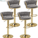 Bar Stools Set of 2, Adjustable Barstools Counter Height Stools with Back and Arm, Velvet Woven Kitchen Island Stools W/Gold Metal Leg & Base, 360° Swivel Bar Chair for Pubs Dining Room, White