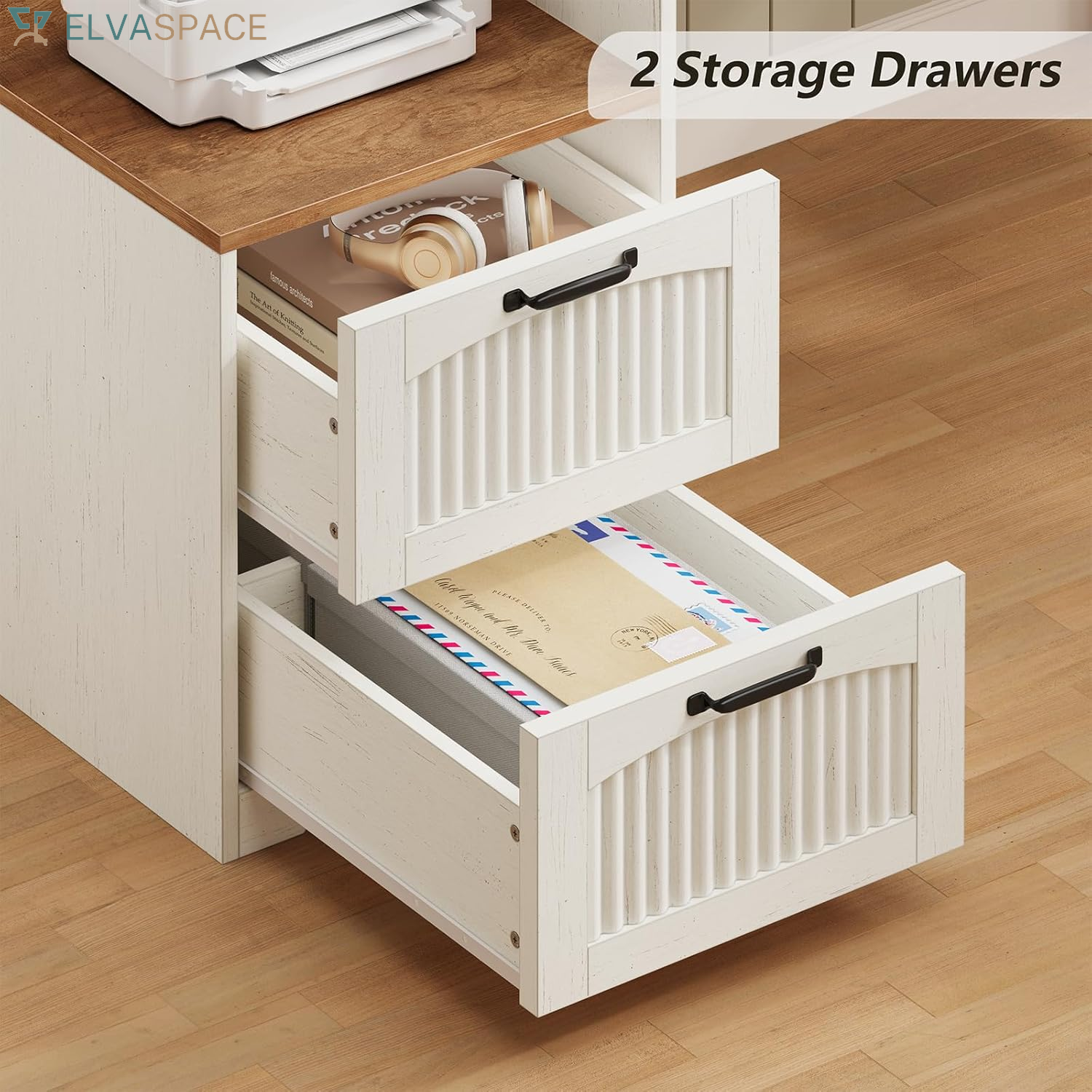 63" Farmhouse L Shaped Executive Desk with Drawers & Storage Shelf, Corner Fluted Computer Desk with Power Outlets, L Shaped Office Desk with Monitor Stand, Printer Shelf