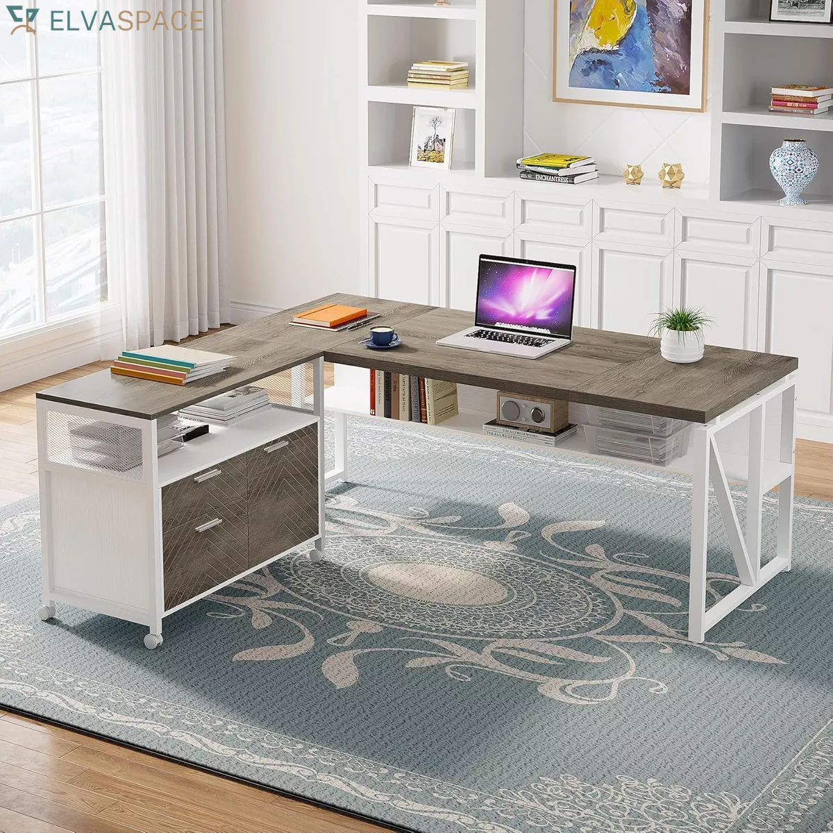 Lantine L Shaped Desk with Drawer Cabinet, 63" Executive Computer Desk and Lateral File Cabinet for Home Office
