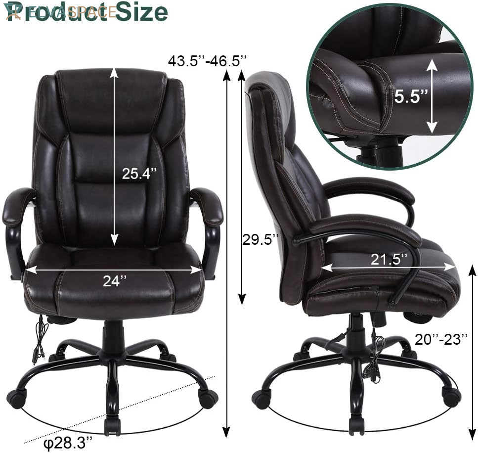 Big and Tall Office Chair 500Lb Wide Seat Massage Desk Chair Ergonomic Computer Chair with Headrest Lumbar Support Armrest Rolling Swivel Chair Adjustable PU Leather Task Chair for Adults Women(Brown)
