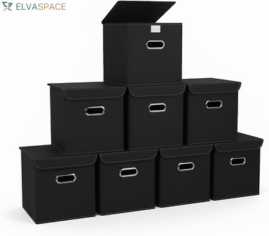 Closet Organizers Fabric Storage Bins with Lids Collapsible Cube Storage Organizer Basket with Handles,Storage Boxes for Clothes Storage,Office,Laundry,Shelves,8 Pack,（Black）