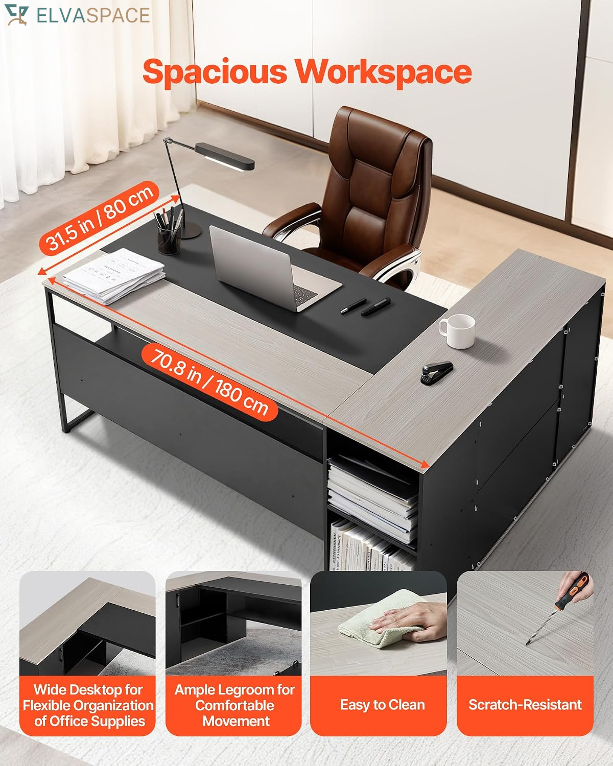 71" L-Shaped Executive Desk, Large Computer Desk with Drawers, File Storage Cabinet, CPU Stand, 350 LBS Load Capacity Corner Table, Easy Assembly, for Work Study