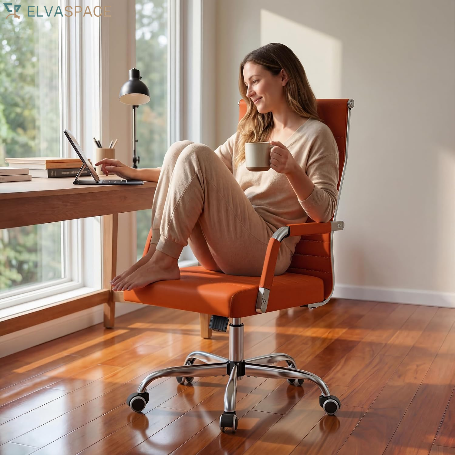 Ergonomic Office Desk Chair, Executive Ribbed Mid-Back PU Leather Conference Room Chair Adjustable Swivel Chair with Arms (1, Orange)