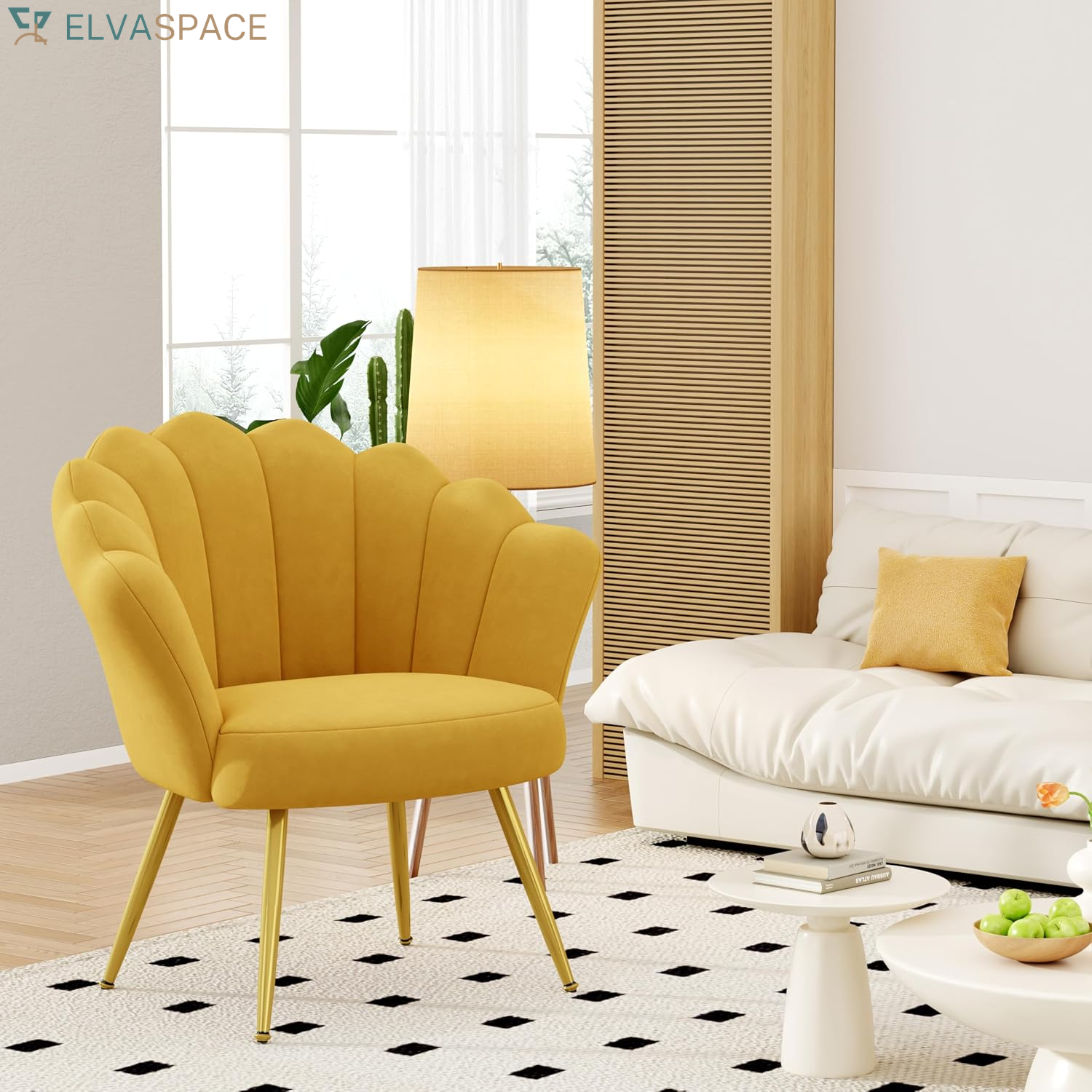 Mid Century Velvet Living Room Chair Set of 2 Accent Chairs, Upholstered Vanity Chair for Makeup Room, Modern Barrel Arm Guest Leisure Chair Comfy for Bedroom-Yellow