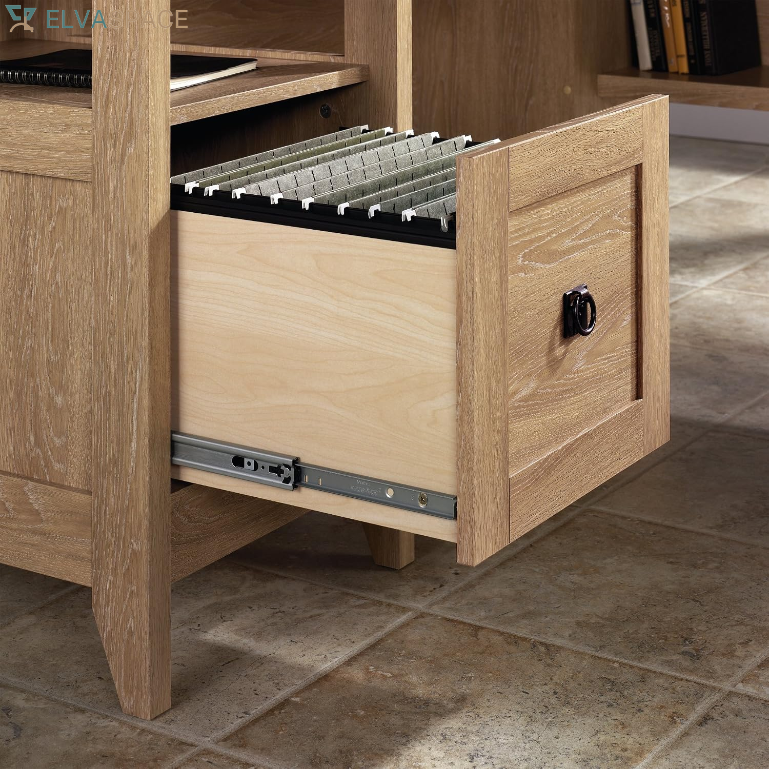 August Hill L-Shaped Corner Desk with Storage Drawer and Open Shelf for Home Office, in Dover Oak Finish