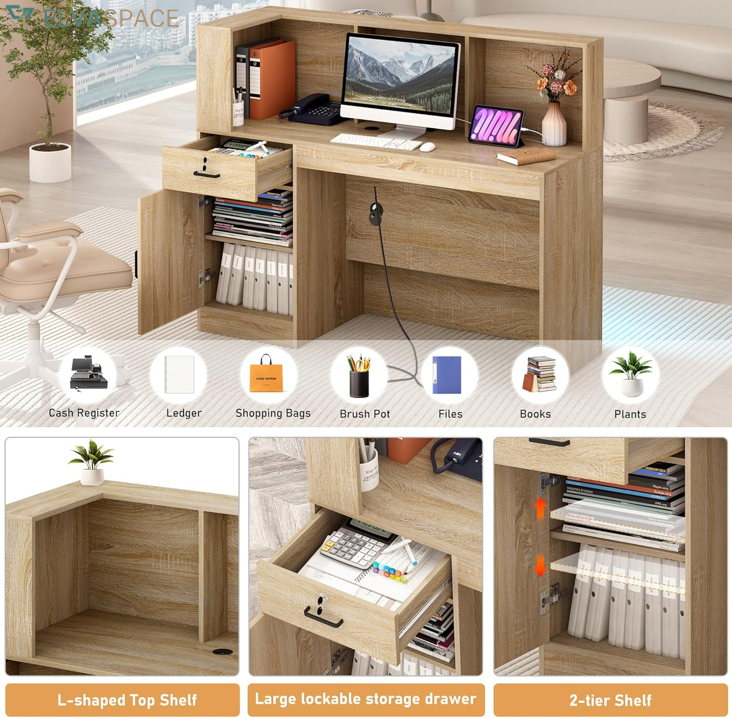 55" Reception Desk with LED Lights Power Outlets,L-Shaped Modern Front Table Reception Room Table with Cable Grommet,Lockable Drawers,Retail Checkout Counter for Lobby,Salon,Home Office Desk,Oak