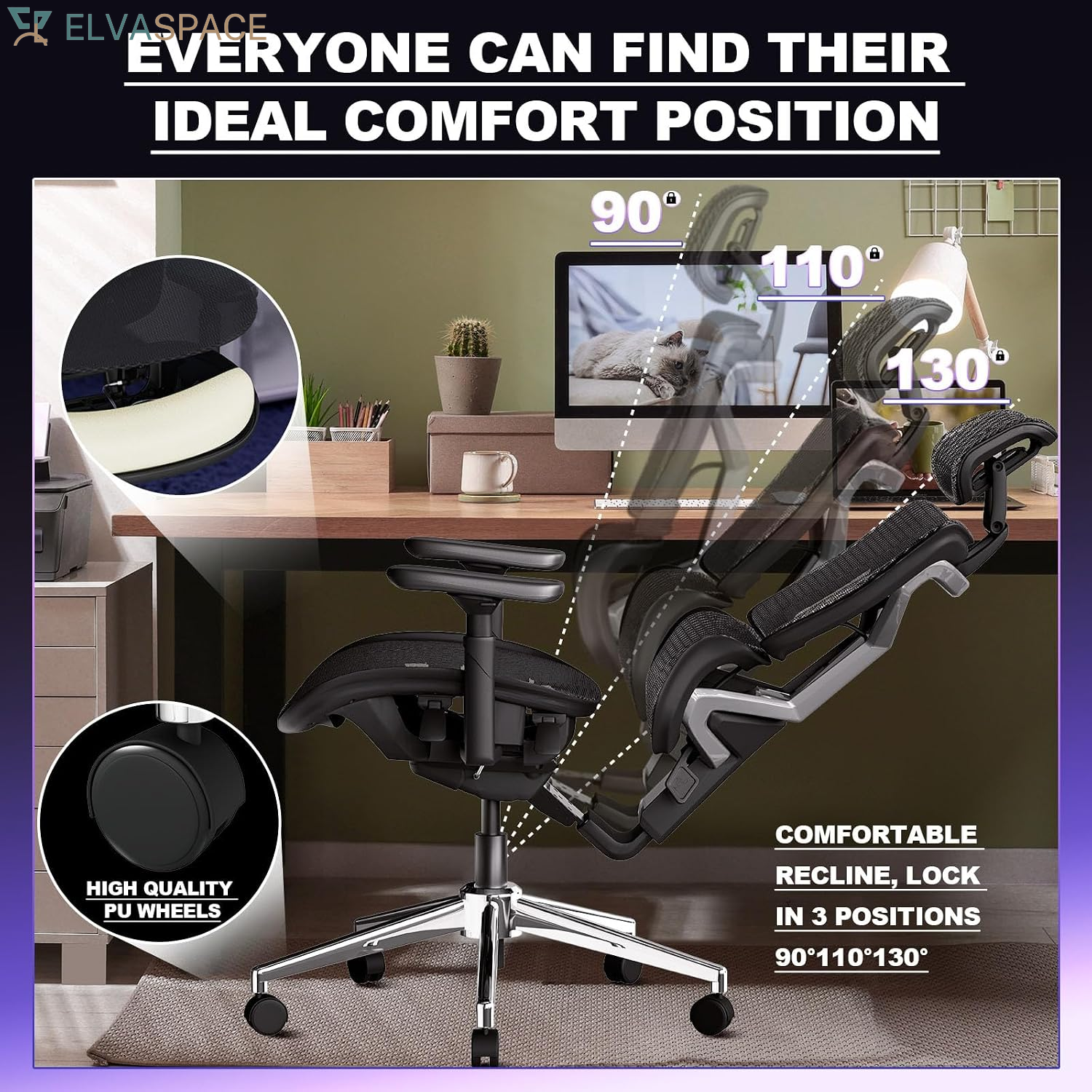 Big and Tall Office Chair, Ergonomic Chair for Tall People up to 6'4", 440 Lbs Heavy Duty Desk Chair with Adaptive Lumbar Support, Adjustable Backrest, High Back Mesh Computer Chair