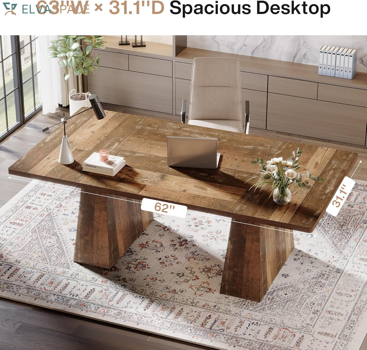 Tribesigns 63-Inch Executive Desk, Large Office Computer Desk with Double Pedestal, Modern Simple Workstations Writing Table Conference Table Business Furniture for Home Office, Espresso Brown