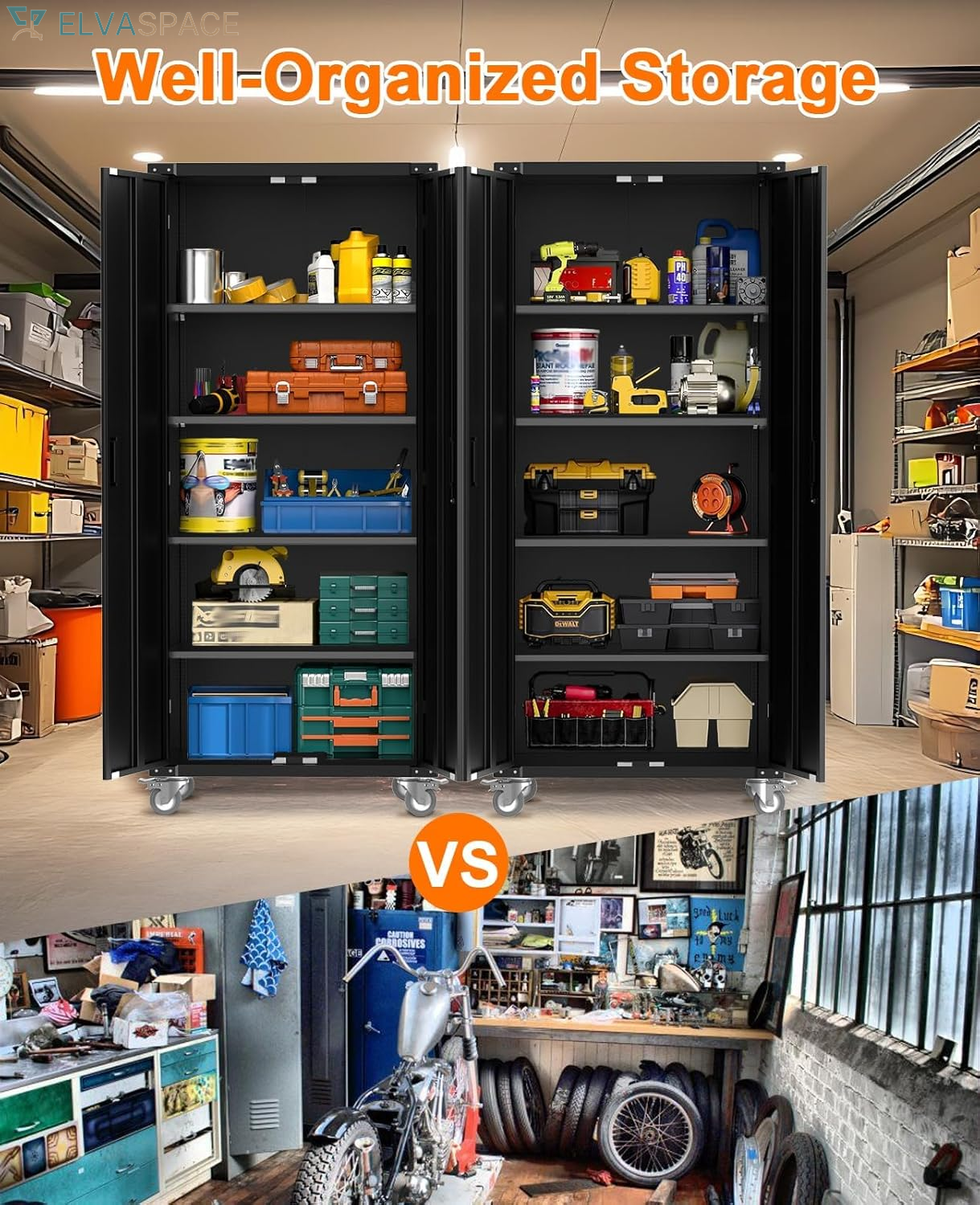 Storage Metal Cabinet 71" with Doors and 4 Shelves Adjustable Adjustable Feet and Lock Tall Storage Cabinet for Pantry Garage Craft Bedroom Office Shop