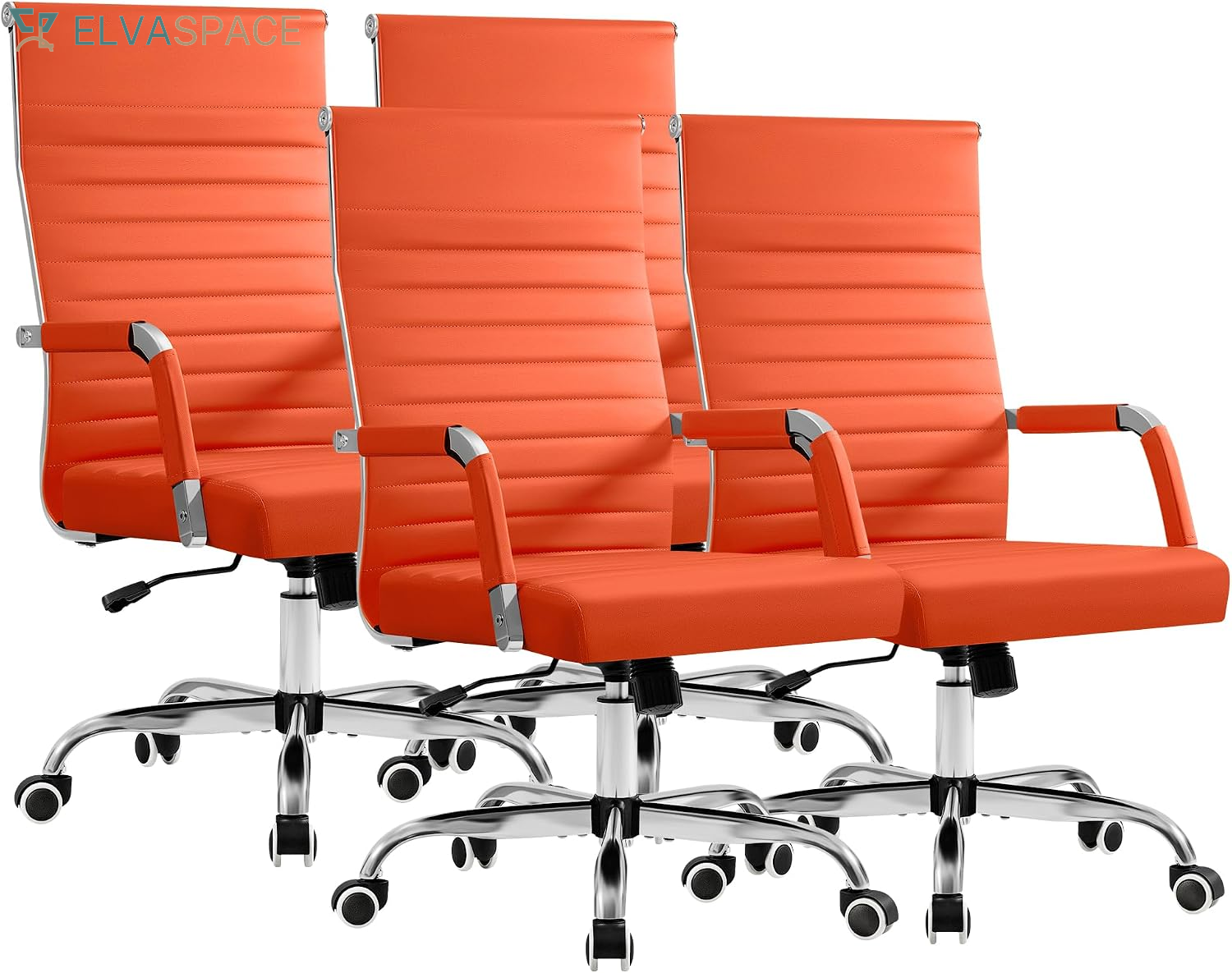 Ergonomic Office Desk Chair, Executive Ribbed Mid-Back PU Leather Conference Room Chair Adjustable Swivel Chair with Arms (1, Orange)
