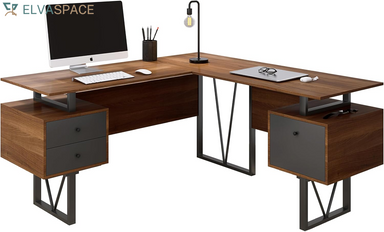Reversible L-Shaped Computer Desk with File Cabinet, Brown | Drawers, Ideal for Home Office, Workspace Organization, Modern Design, Everyday Use