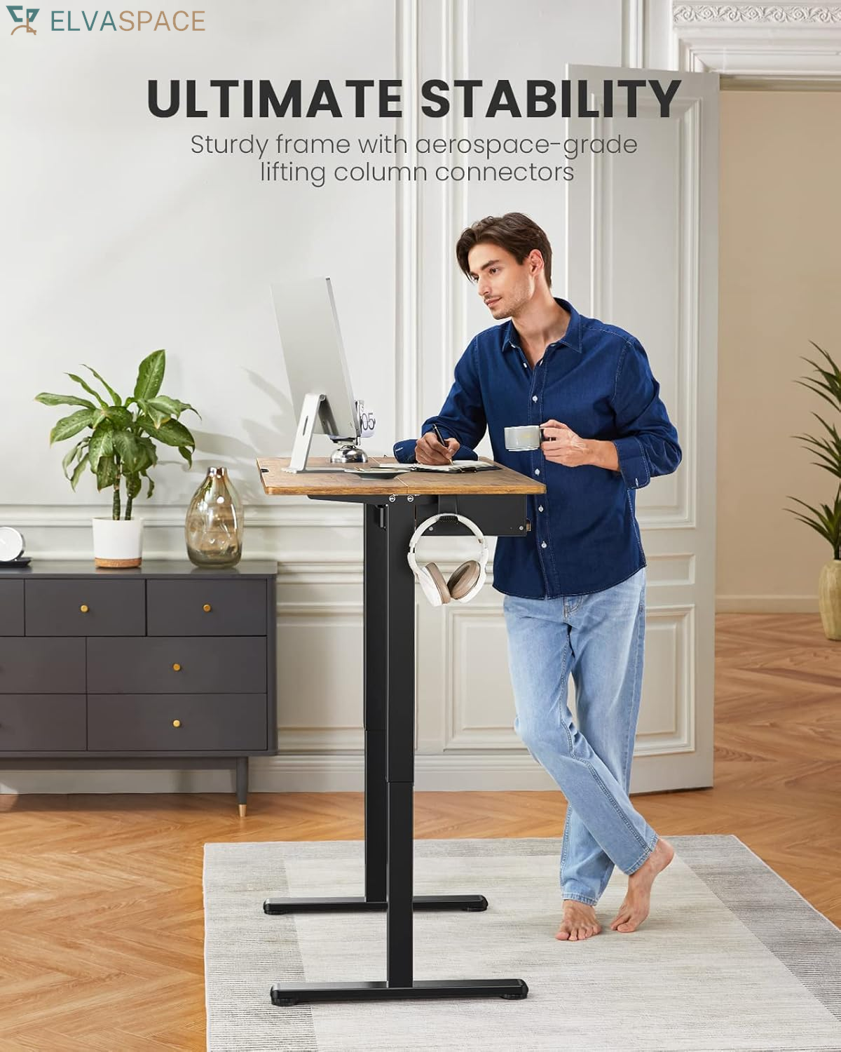Electric Standing Desk with Keyboard Tray, 44X24, Vintage Brown