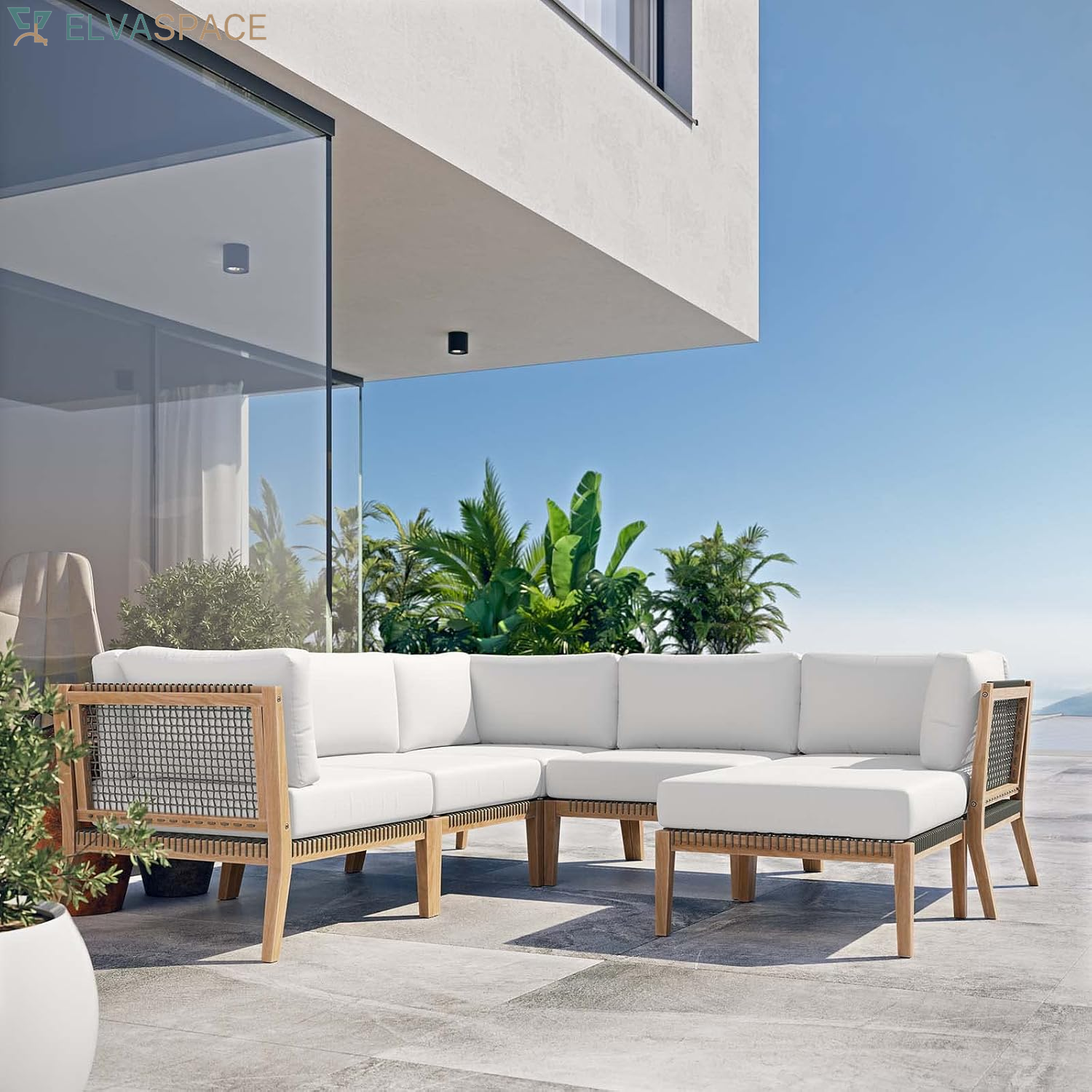 Clearwater Outdoor Patio Teak Wood 6-Piece Sectional Sofa in Gray Graphite