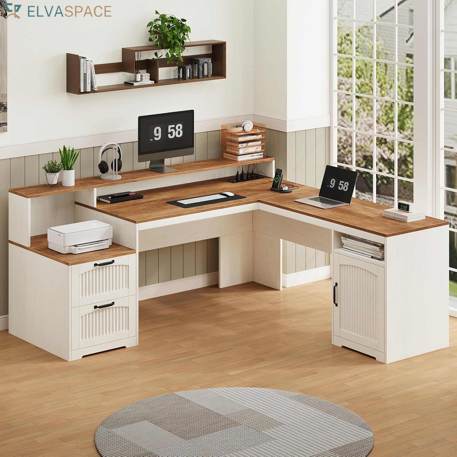 63" Farmhouse L Shaped Executive Desk with Drawers & Storage Shelf, Corner Fluted Computer Desk with Power Outlets, L Shaped Office Desk with Monitor Stand, Printer Shelf