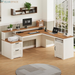 63" Farmhouse L Shaped Executive Desk with Drawers & Storage Shelf, Corner Fluted Computer Desk with Power Outlets, L Shaped Office Desk with Monitor Stand, Printer Shelf