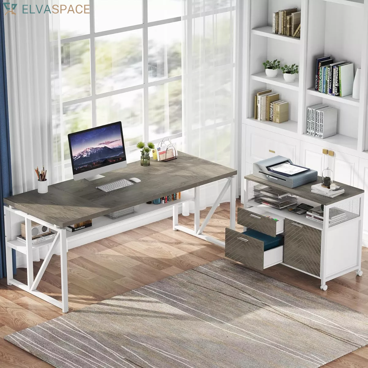 Lantine L Shaped Desk with Drawer Cabinet, 63" Executive Computer Desk and Lateral File Cabinet for Home Office