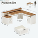 63" Farmhouse L Shaped Executive Desk with Drawers & Storage Shelf, Corner Fluted Computer Desk with Power Outlets, L Shaped Office Desk with Monitor Stand, Printer Shelf