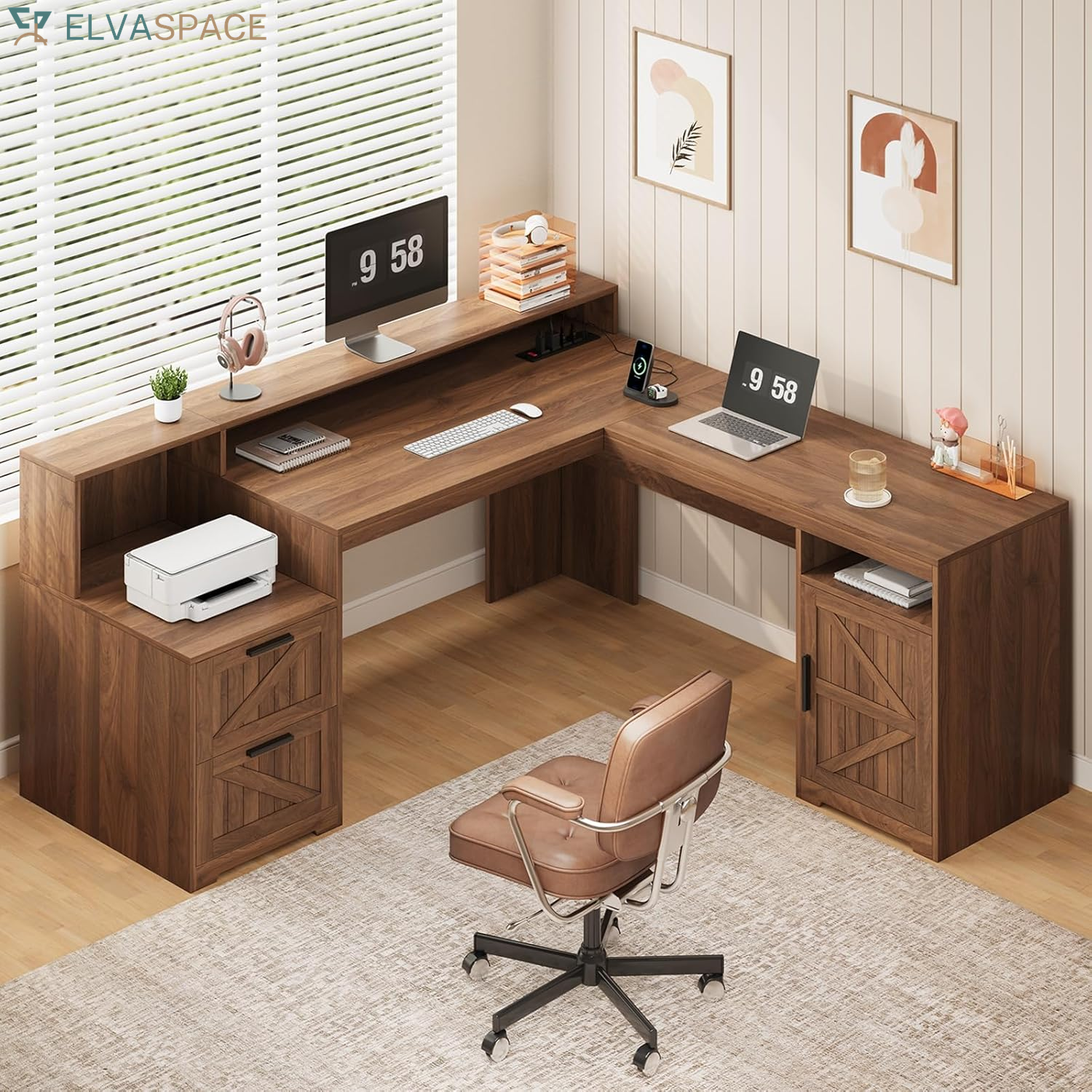 63" Farmhouse L Shaped Executive Desk with Drawers & Storage Shelf, Corner Fluted Computer Desk with Power Outlets, L Shaped Office Desk with Monitor Stand, Printer Shelf