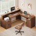 63" Farmhouse L Shaped Executive Desk with Drawers & Storage Shelf, Corner Fluted Computer Desk with Power Outlets, L Shaped Office Desk with Monitor Stand, Printer Shelf