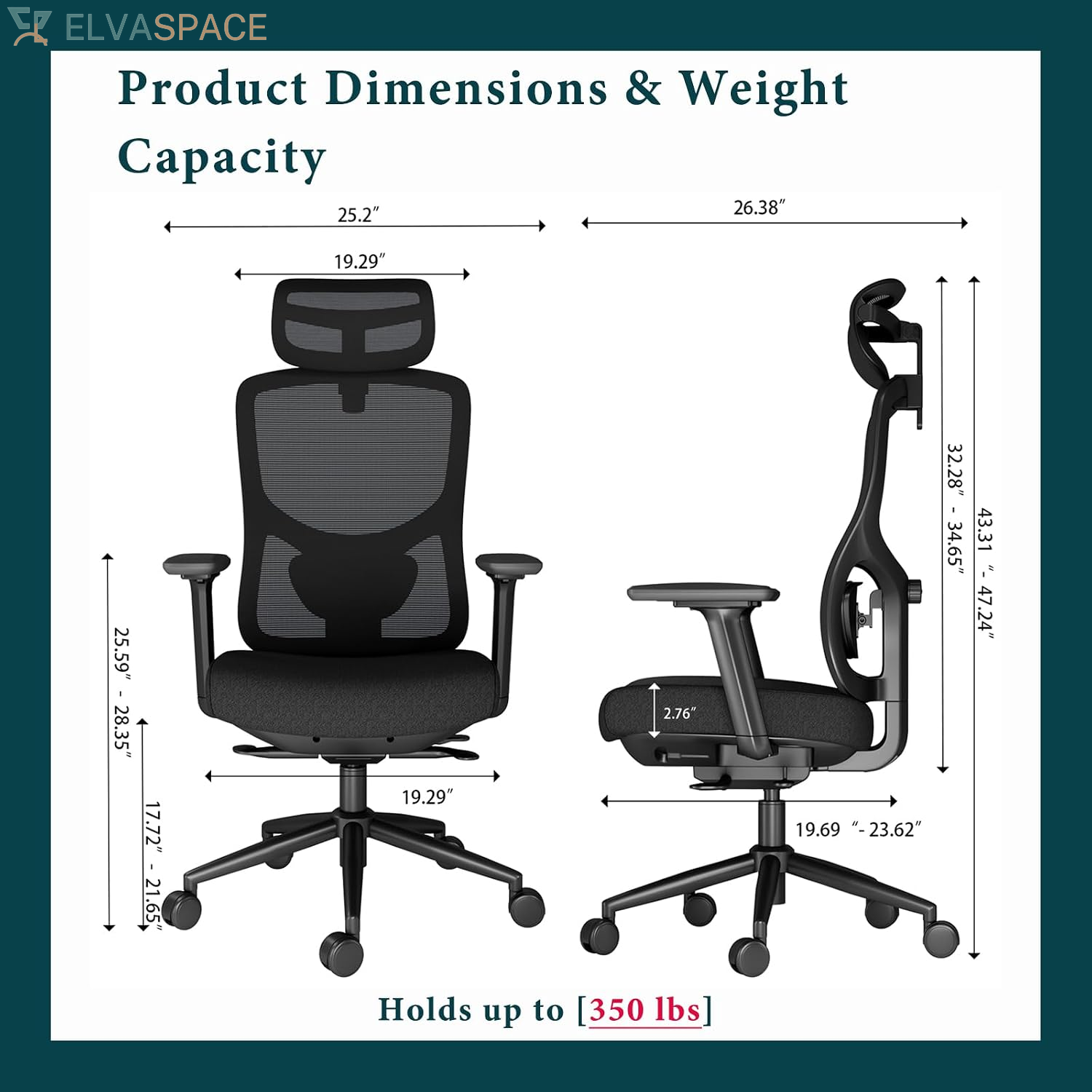 Ergonomic Office Chair with Breathable Mesh Back & Thick Cushion Seat, 4D Armrests, 3D Headrest, Adjustable Lumbar Support & Seat Depth, High Back Desk Chair with Tilt Lock (Black)