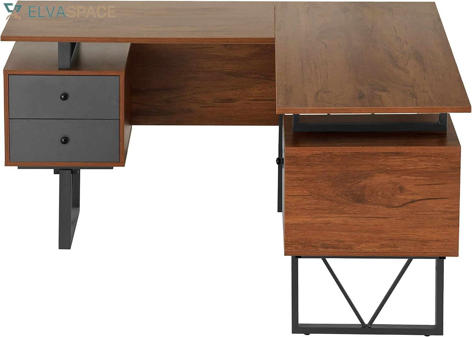 Reversible L-Shaped Computer Desk with File Cabinet, Brown | Drawers, Ideal for Home Office, Workspace Organization, Modern Design, Everyday Use