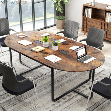 95" Conference Table, Large Oval Meeting Table for 10-12 People with Dual Cable Holes & Metal Legs, Industrial Business Training Seminar Table for Office Conference Room Boardroom