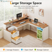 63" Farmhouse L Shaped Executive Desk with Drawers & Storage Shelf, Corner Fluted Computer Desk with Power Outlets, L Shaped Office Desk with Monitor Stand, Printer Shelf