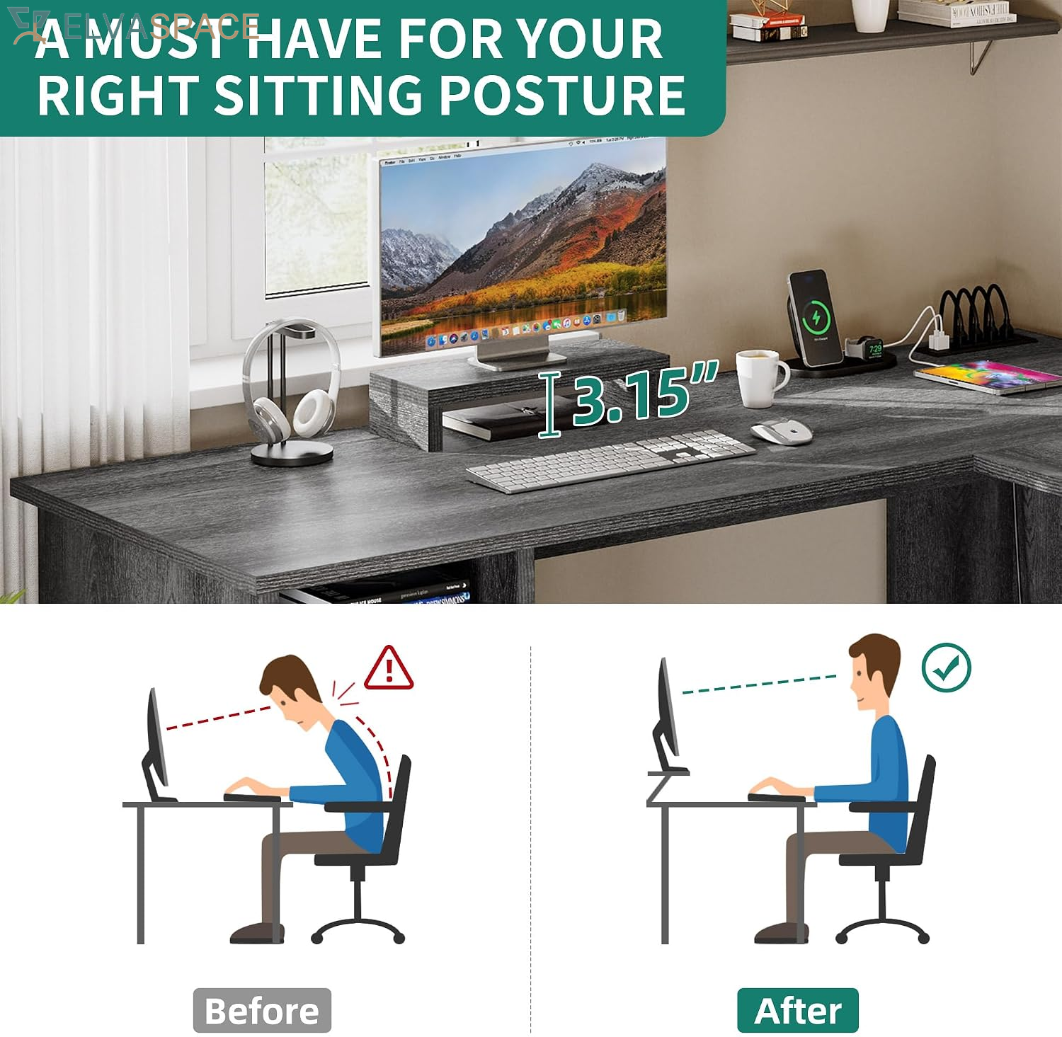 L Shaped Desk with Power Outlets | Computer Corner Desk, File Drawer, Monitor Stand & Storage Shelves, File Cabinet