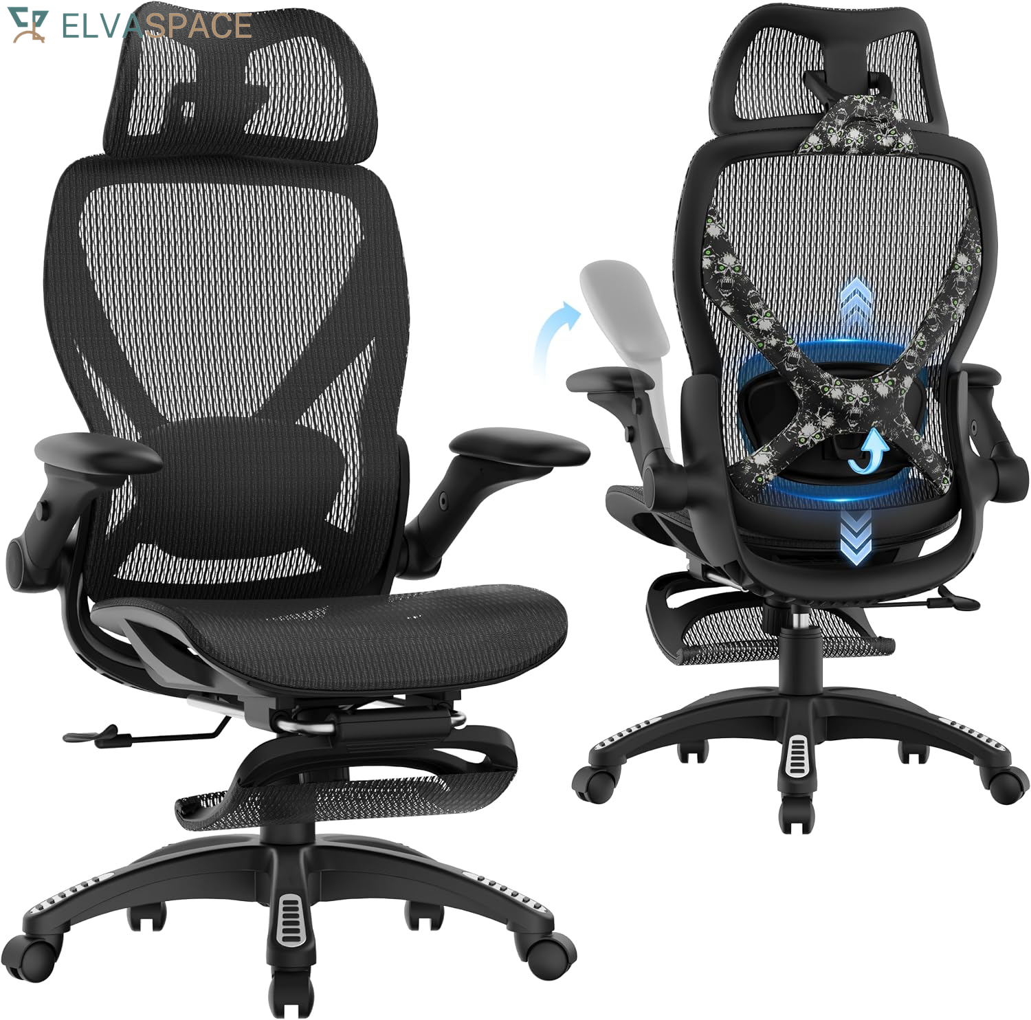 X100 Ergonomic Office Chair with Footrest, Big and Tall Home Desk Chair with 5D Flip-Up Arms, Adjustable 3D Lumbar Support,High Back Rolling Computer Chair, Swivel Mesh Chairs