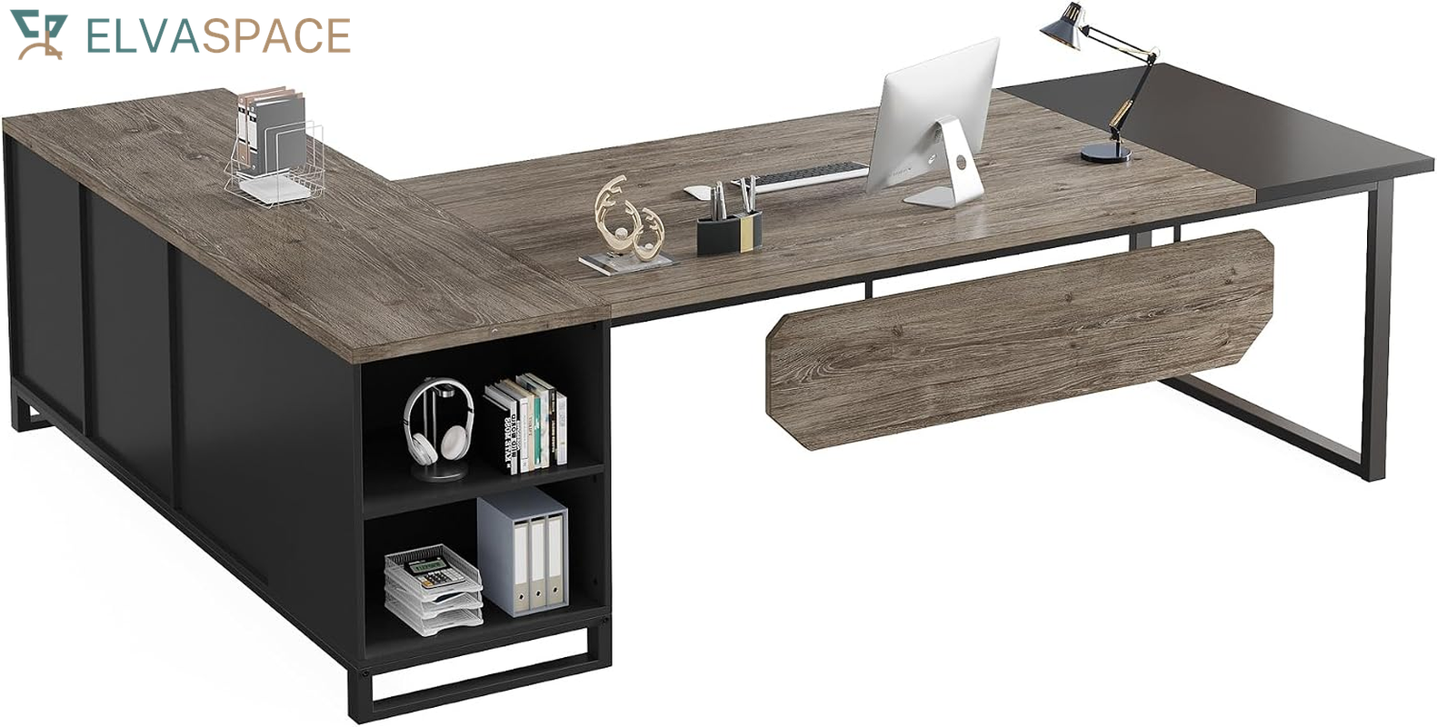 Tribesigns 70.8" Executive Desk with 55" File Cabinet, Industrial L Shaped Computer Desk with Storage Shelves and Cabinet, Large L Shaped Executive Desk for Home Office, Retro Gray & Black