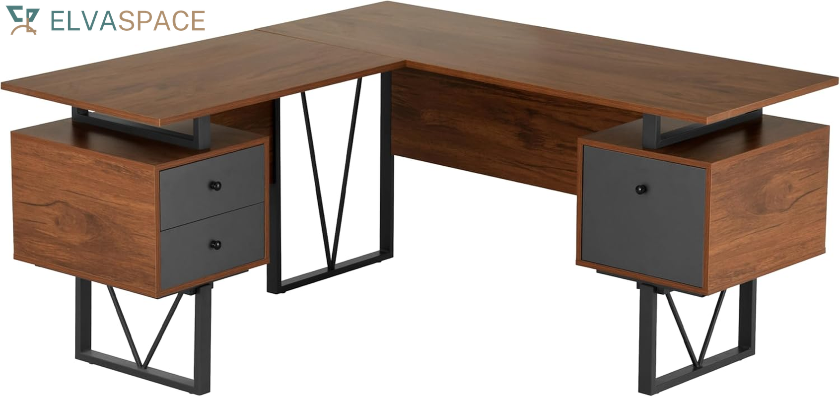 Reversible L-Shaped Computer Desk with File Cabinet, Brown | Drawers, Ideal for Home Office, Workspace Organization, Modern Design, Everyday Use