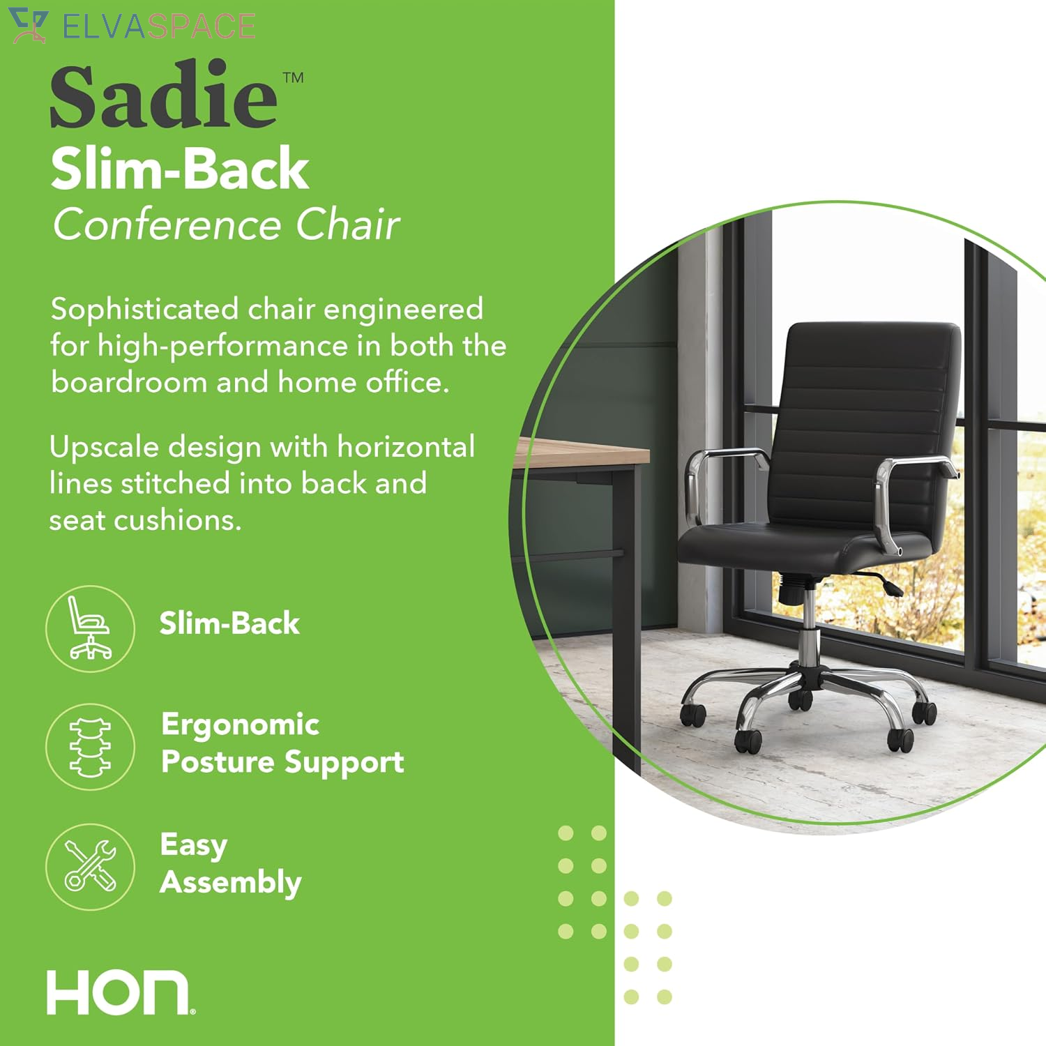 Sadie Executive Ergonomic Office Chair with Leather Upholstery, Chrome Arms and Back Support, Mid Back Desk and Computer Chair for Home Office or Conference Room, 360 Swivel, Black