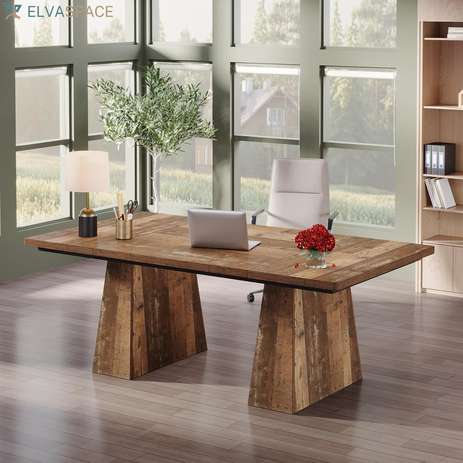 Tribesigns 63-Inch Executive Desk, Large Office Computer Desk with Double Pedestal, Modern Simple Workstations Writing Table Conference Table Business Furniture for Home Office, Espresso Brown