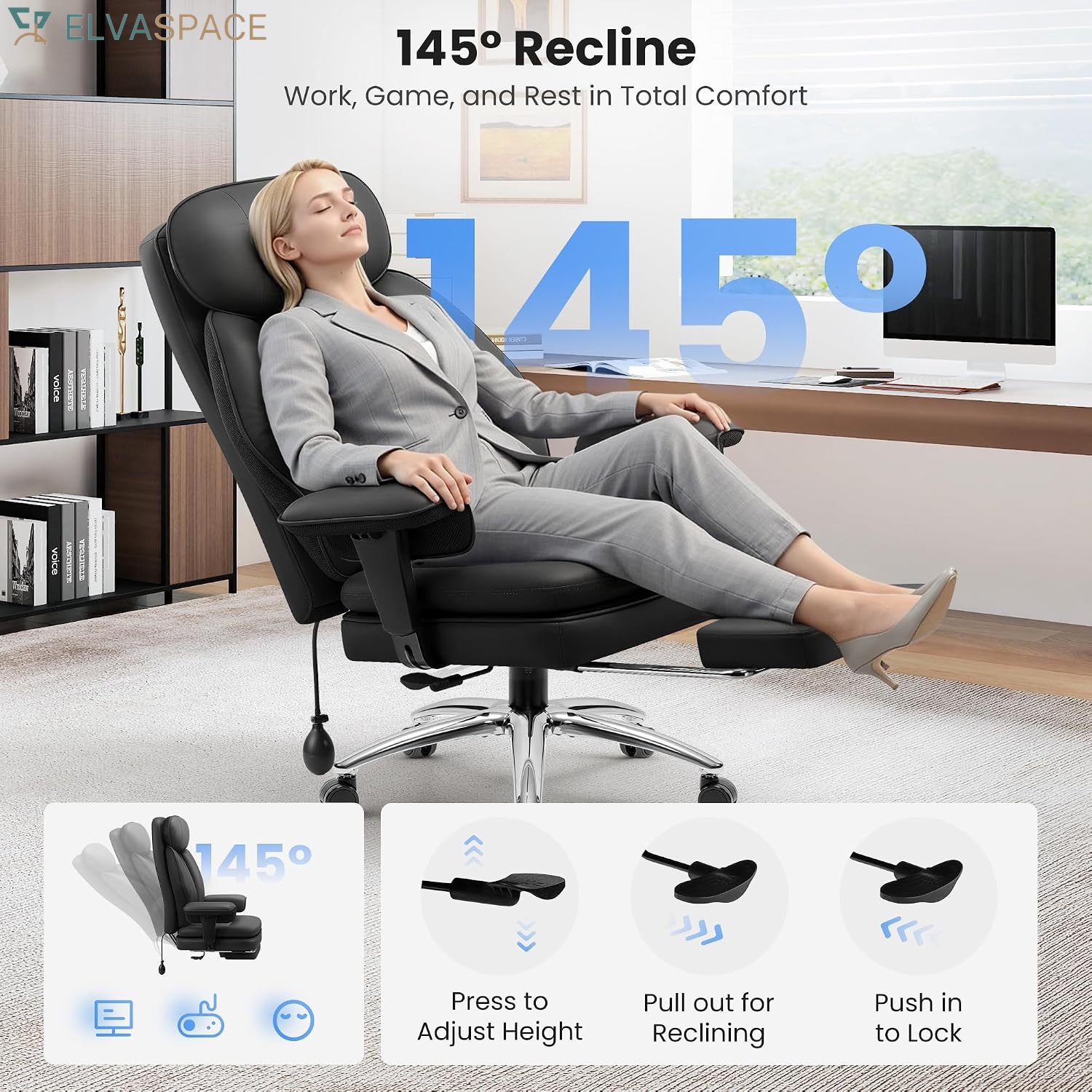 Big and Tall Office Chair with Lumbar Support, Executive Leather Computer Desk Chair, Heavy Duty Comfortable Gaming Chair with Double Layer Cushion & Footrest for Home Office Gaming