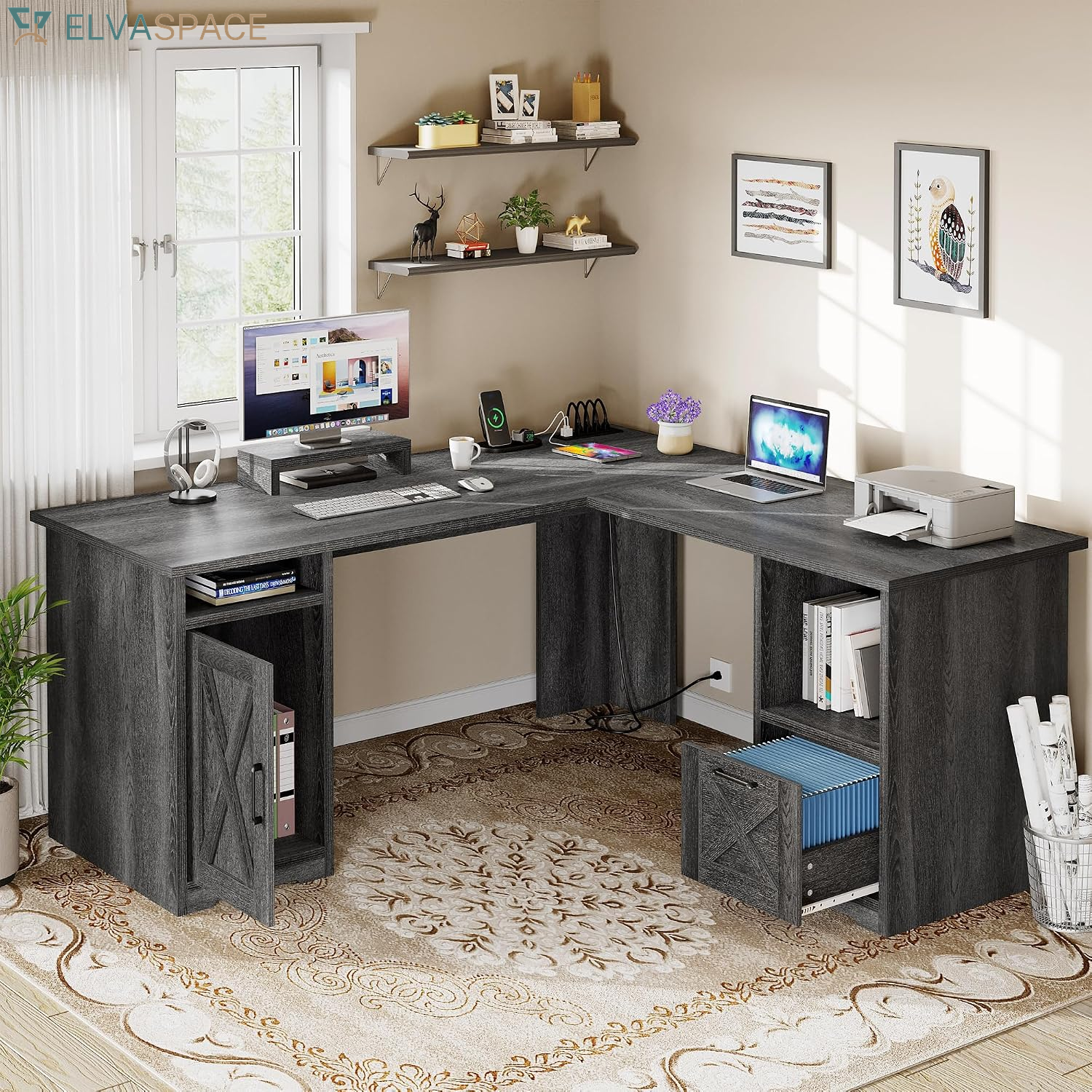 L Shaped Desk with Power Outlets | Computer Corner Desk, File Drawer, Monitor Stand & Storage Shelves, File Cabinet