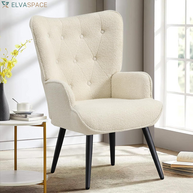 Boucle Accent Chair for Living Room, Upholstered Reading Chair with High Backrest, Tufted-Button Wingback Armchair for Bedroom, Dressing Room, Home Office, Ivory White
