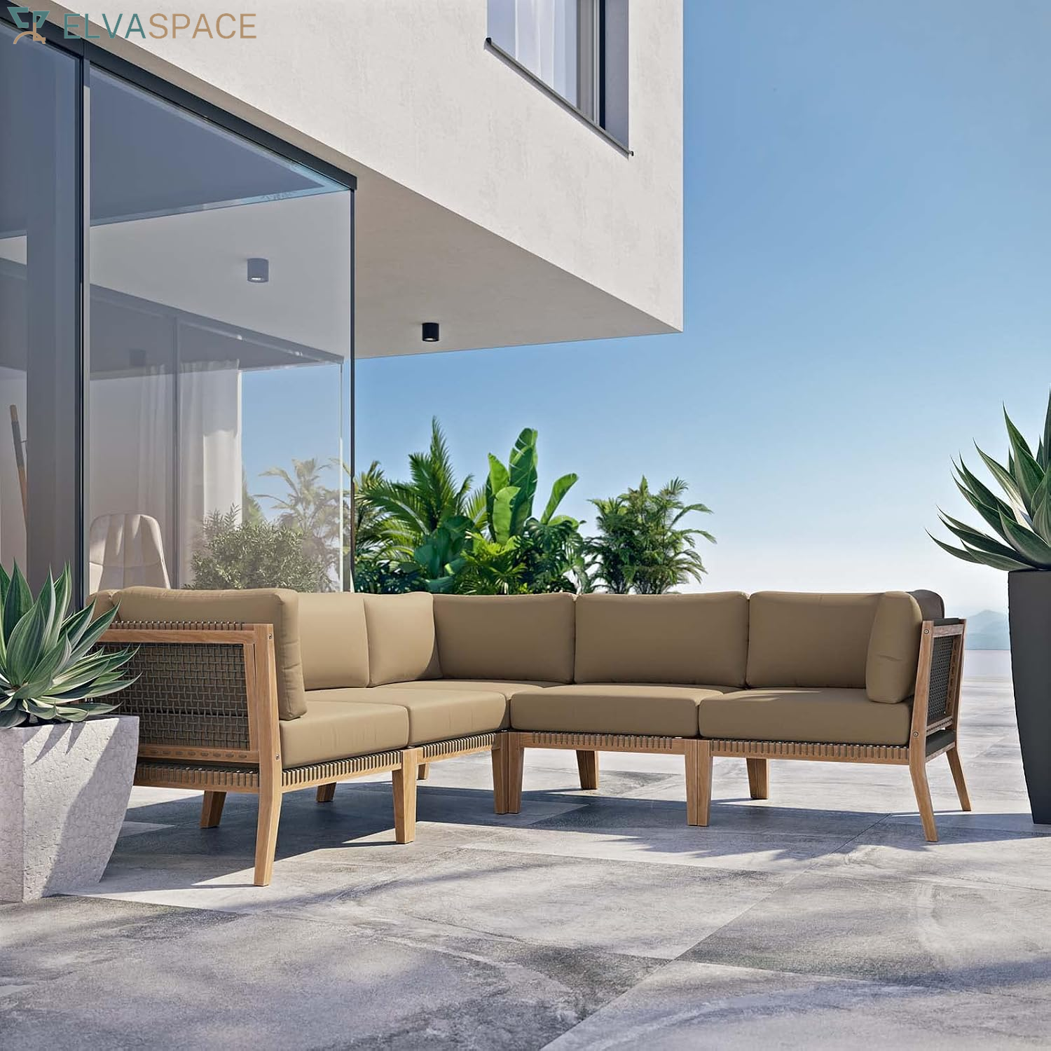 Clearwater Outdoor Patio Teak Wood 5-Piece Sectional Sofa in Gray White