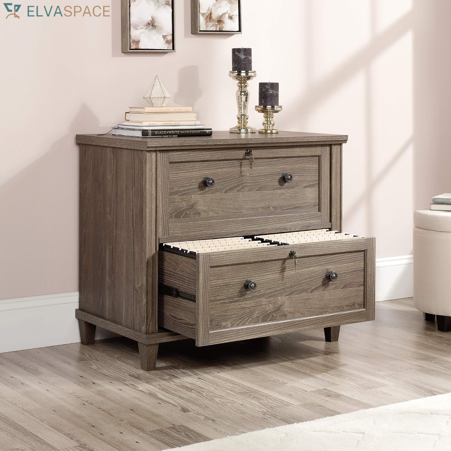 Hammond 2 Drawer Lateral File Cabinet for Home Office, Filing Cabinet with Lock, in Emery Oak