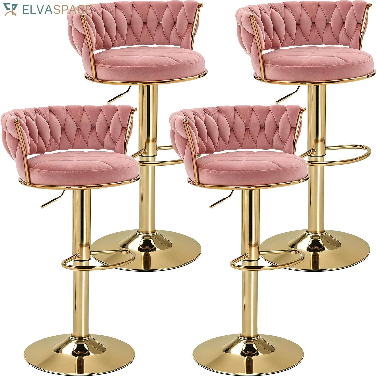 Bar Stools Set of 2, Adjustable Barstools Counter Height Stools with Back and Arm, Velvet Woven Kitchen Island Stools W/Gold Metal Leg & Base, 360° Swivel Bar Chair for Pubs Dining Room, White