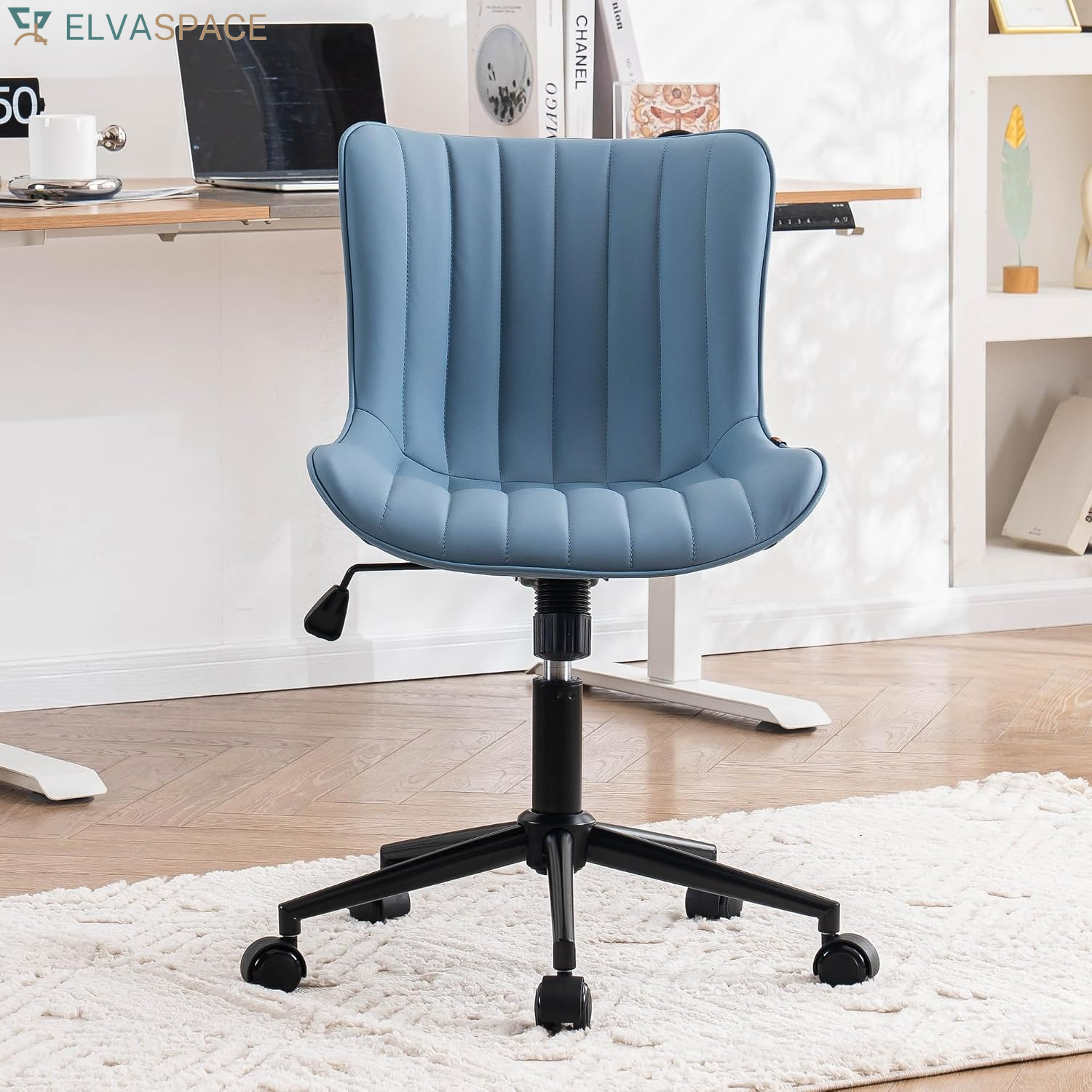 Green Office Desk Chair with Wheels Armless Vanity Chair Modern | Faux Leather Upholstered with Rocking Back, Swivel Height Adjustable Small Cute Computer Rolling Task Chair Ergonomic 300Lb